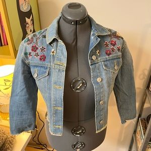 Zara sequin and bead embellished distressed denim jacket